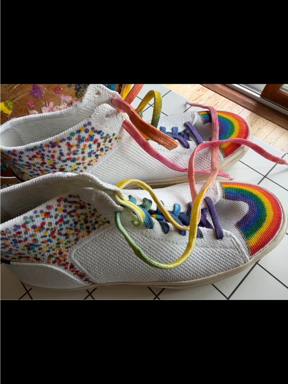 Rothy's White High-Top Sneakers with Rainbow Toe and Multicolor Laces Size10
